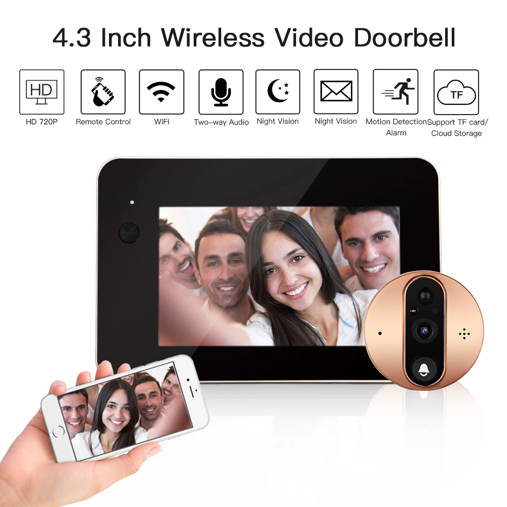 

720P Wifi Doorbell Camera Video Peephole Door Intercoms 4.3 Inch Motion Detection Wireless Viewer Video-eye Smart Ring