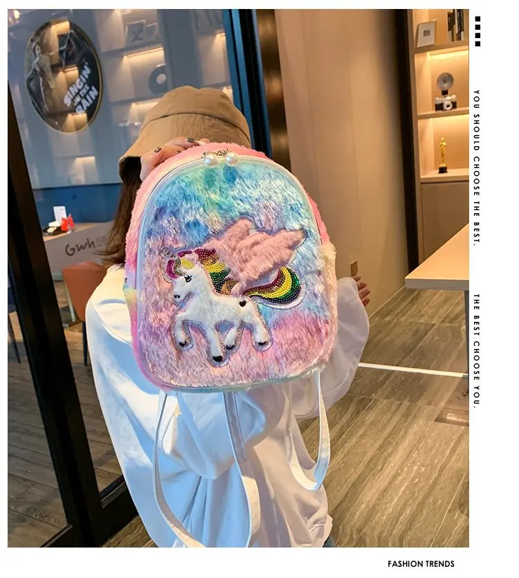

2019 New Style Winter Plush Cartoon Embroidery Colorful Lights Shoulder Hand Backpack