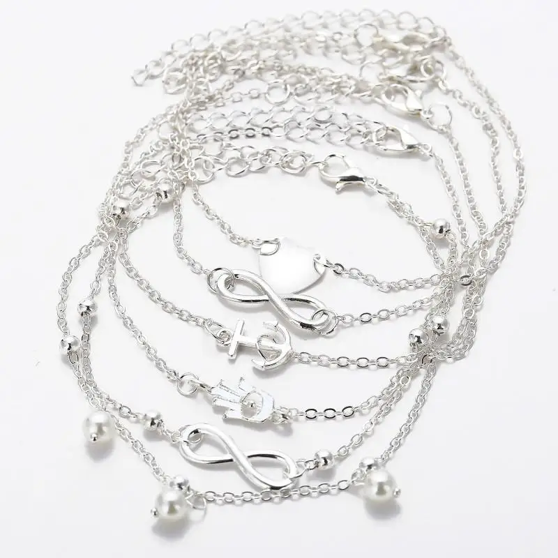 Silver Plated Модный браслет на ногу из искусственного жемчуга в форме сердца персикового цвета с якорем, многослойная цепочка, бесконечность, очаровательные браслеты на ногу для женщин - Окраска металла: Silver Plated