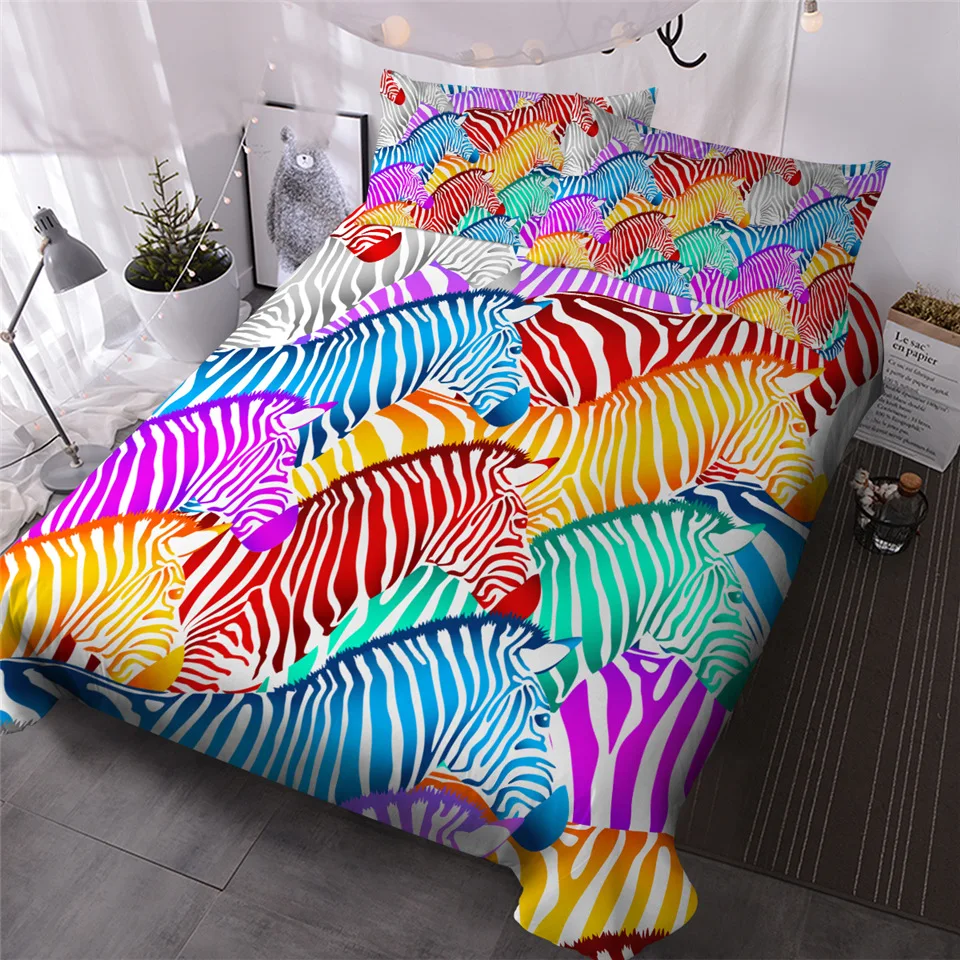 

HM Life Striped 3Pcs Bedding Rainbow Queen Size Trendy Wild Animal Print Duvet Cover Set Tropical Comfortable Home Bed Set