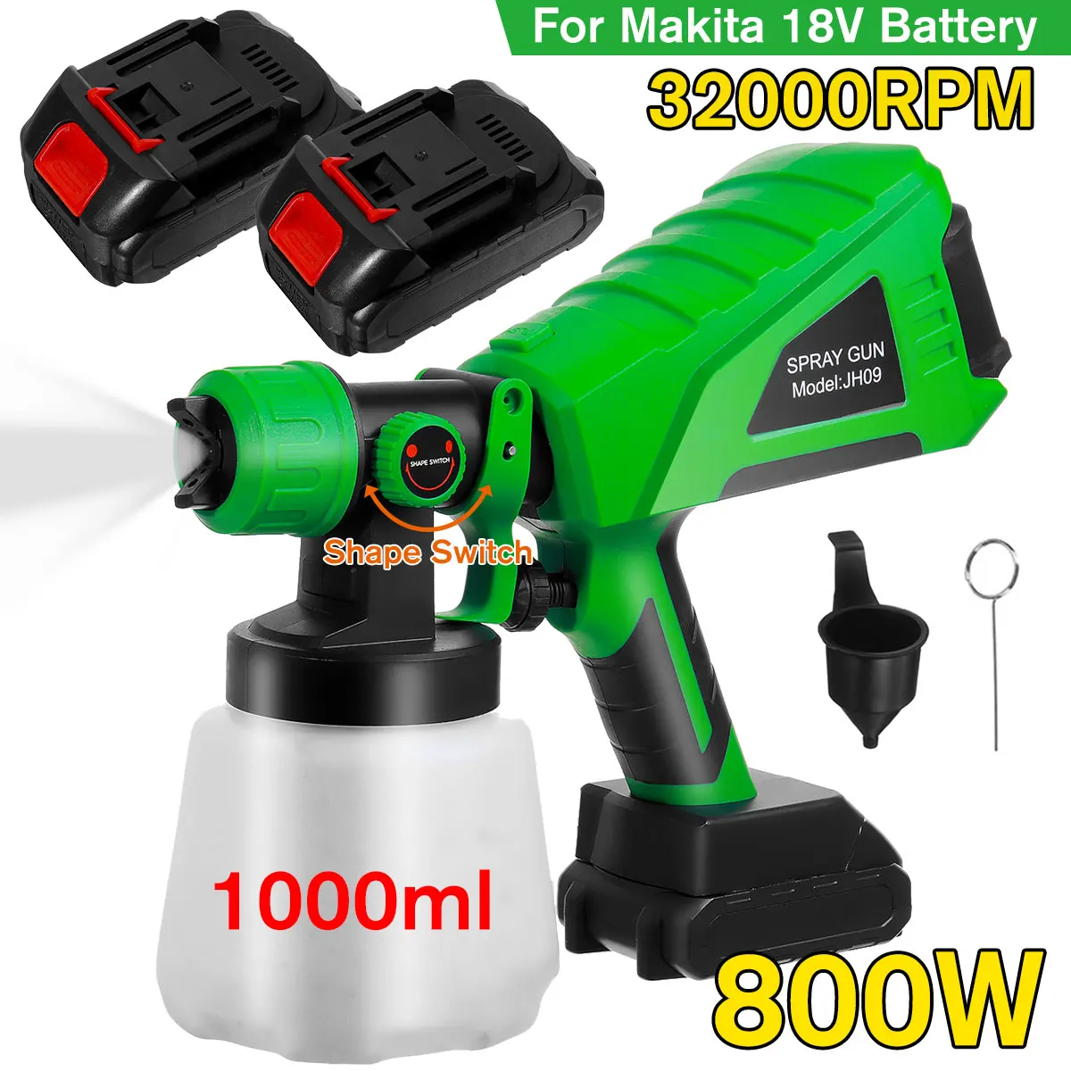 1000ml 800W Cordless Electric Spray Gun Paint Sprayer Airbrush Nozzle