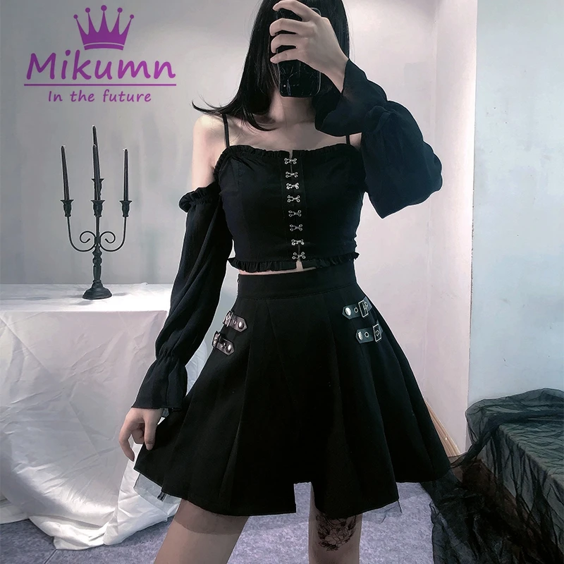 Стиль женские юбки Харадзюку Готический Высокая талия плиссированные юбки панк-рок Винтаж короткая юбка Уличная