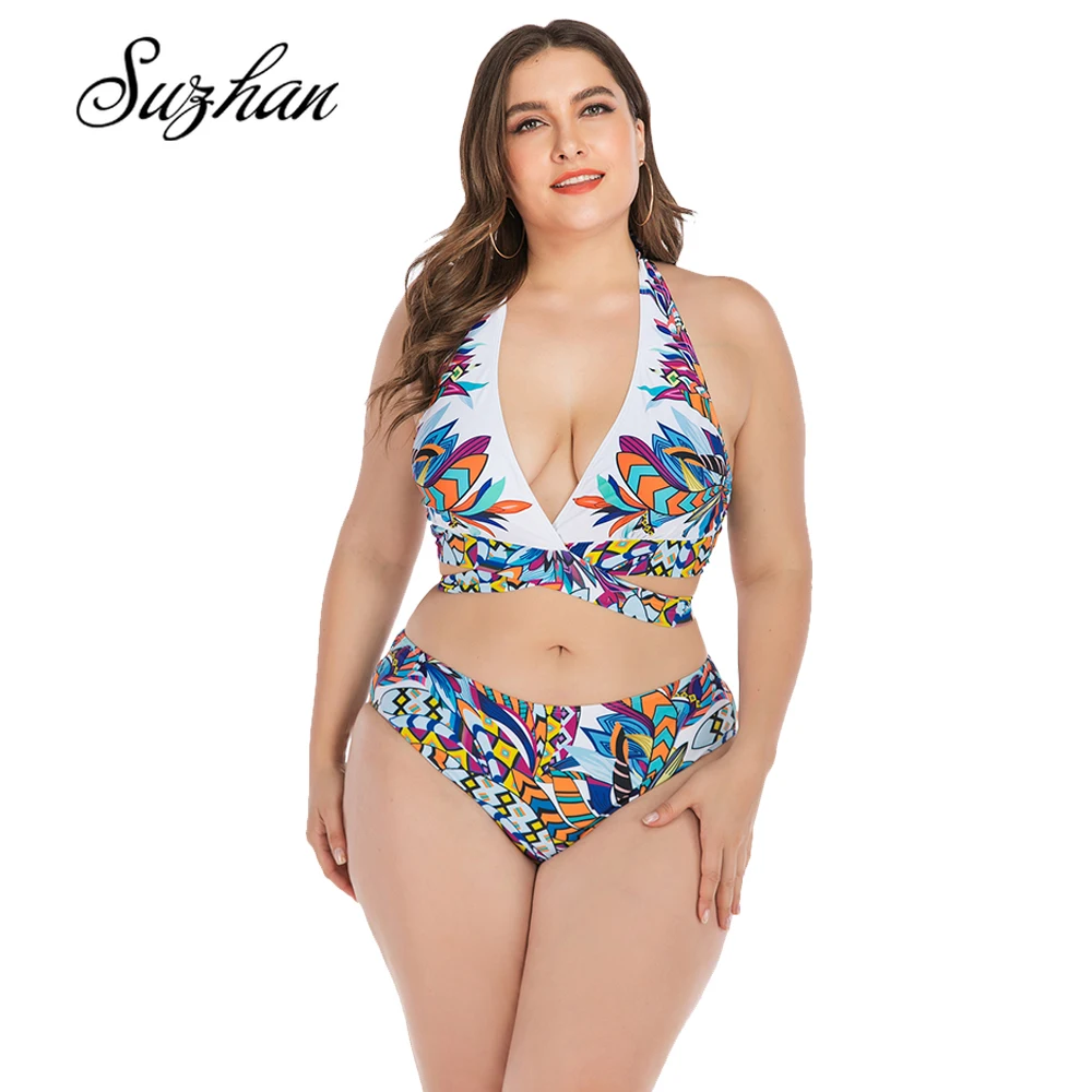 

Suzhan Women Plus Size Bandage Bikini Set Lace Flower Printing Padded Bra Bikini Split Large Size Body Swimsuit Beachwear Bikini