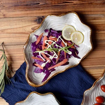 

Japanese Pearl Shell Ceramic Dish Tray Irregular Plate Porcelain Anti-skid Tableware Seafood Dinner Plate Steak Salad Plate