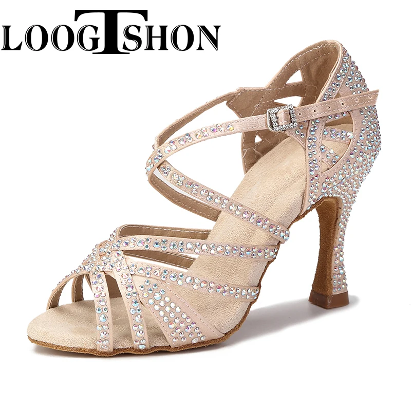 Loogtshon  Latin dance shoes women dancing shoes classic rhinestone shoes roman heel cone heel dance shoes professional heels