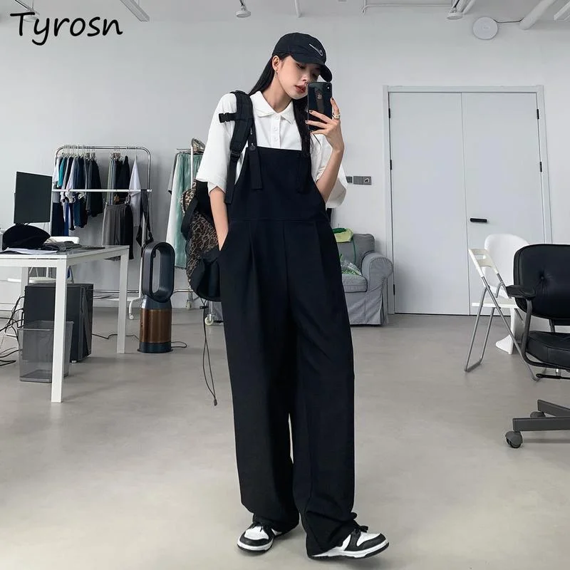 

Retro Black Jumpsuits Women Loose All-match Wide Leg Jump Suit Hip Hop Streetwear Ulzzang Stylish Solid Suspenders Trousers Teen