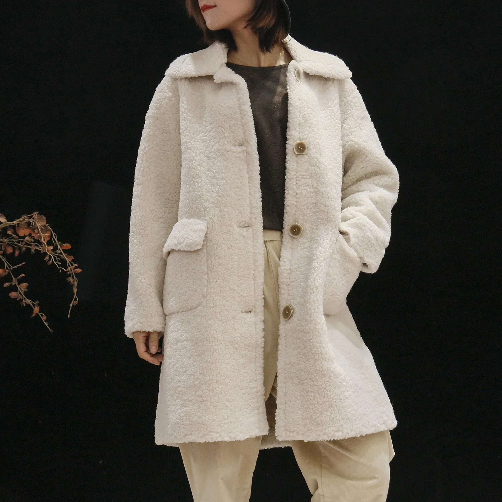 

Artistic Retro 19 Autumn And Winter New Style Coffee Color Mid-length Casual Versatile Lambs Wool Casual Cotton Overcoat 6641