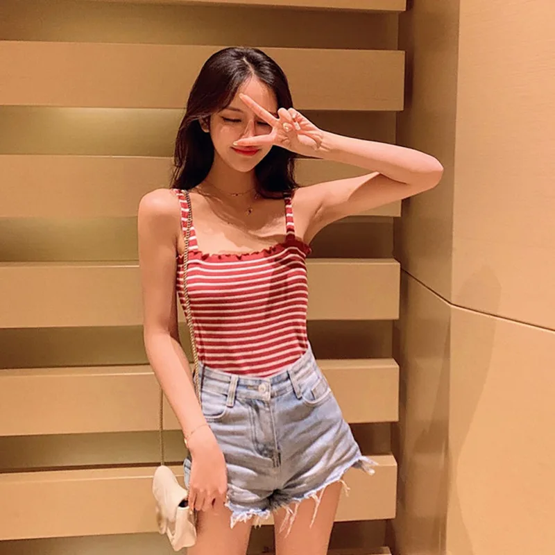 Пикантные Для женщин Strinped Camisole Топы с коротким рукавом, хлопковая одежда без рукавов, сплошной бандо бикини на бретелях модная Вязание камзол