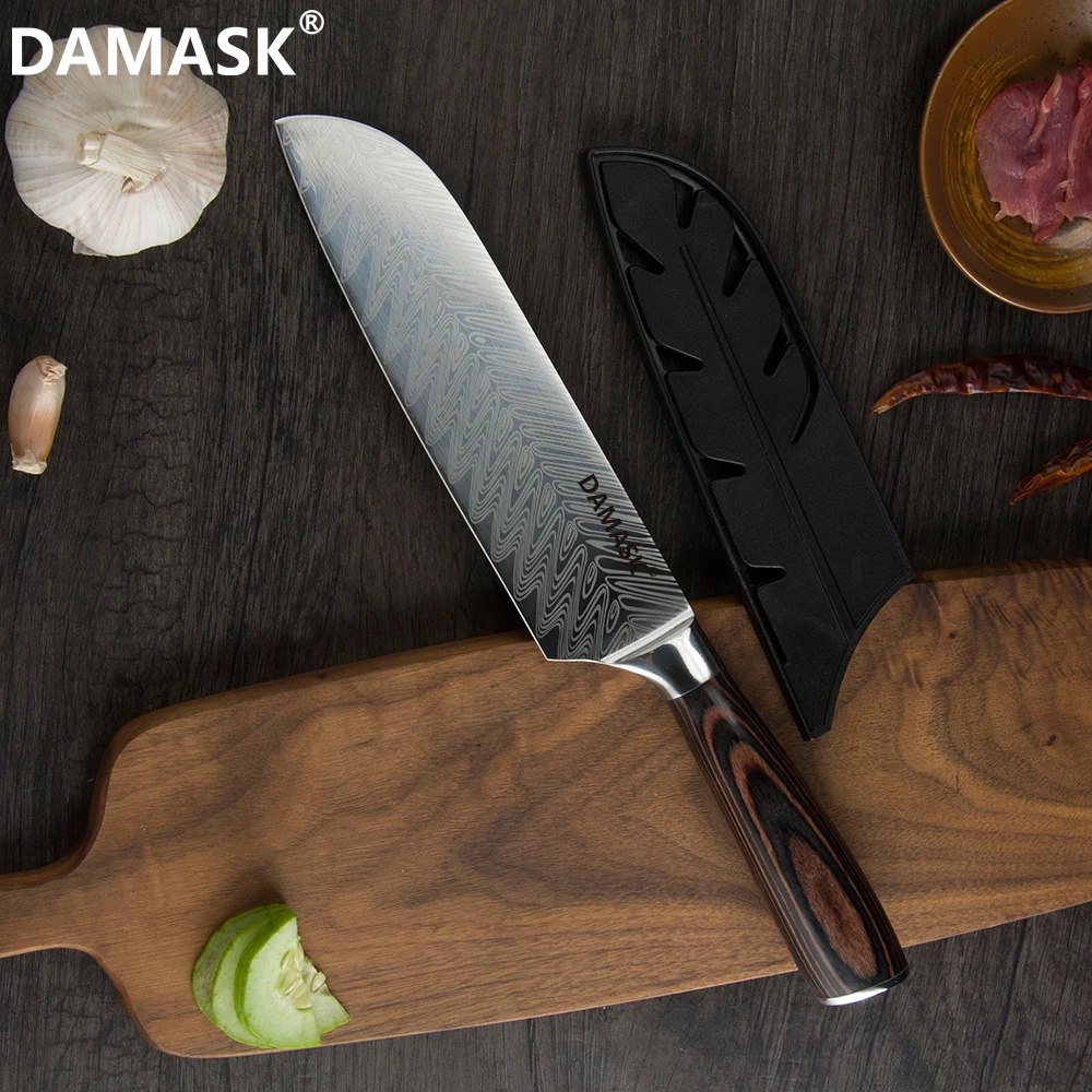Damask высококачественные кухонные ножи с цветной деревянной ручкой утилита Santoku