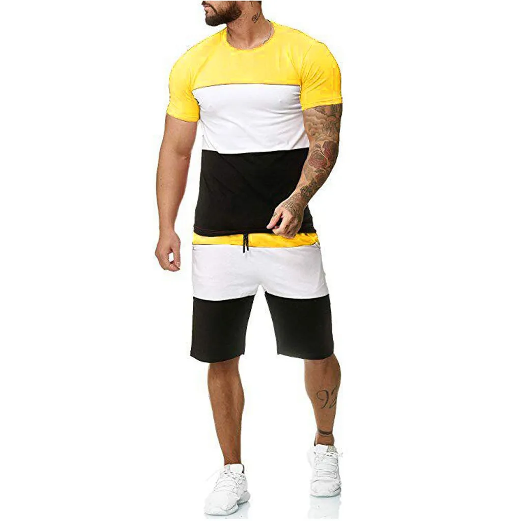 

Men's Summer Casual Short Sets Male Stripe splicing Sports Thin Suit Polyester Half Sleeve Length Daily Wearing Tracksuit #Z
