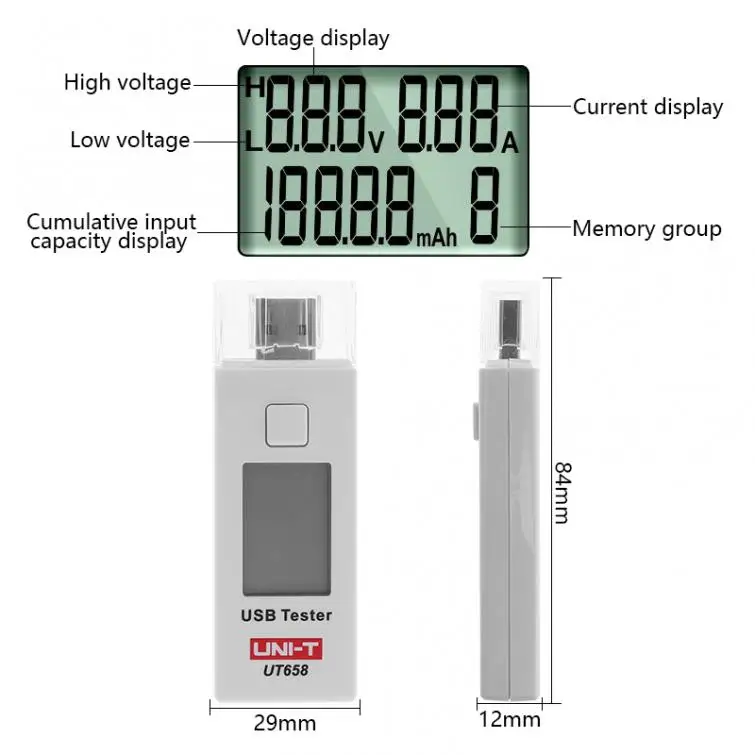 UT658 9V 3A Портативный USB цифровой монитор напряжения измеритель тока тестер емкости с ЖК-дисплеем и подсветкой