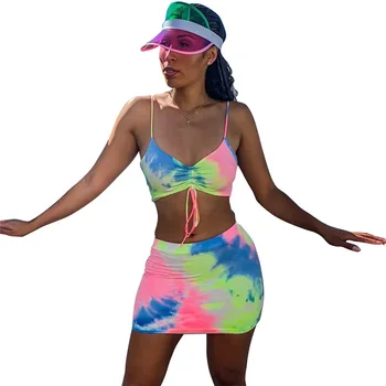 

Rainbow Neon Tie Dye Sexy Two Piece Skirt Set Summer Fashion Clothes for Women Matching Sets Cute Club Outfits