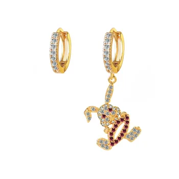 

New Cute Asymmetry Hoop Earrings Micro Mosaic CZ Crystals Red Lips Rabbit Pendant Silver Earrings For Women