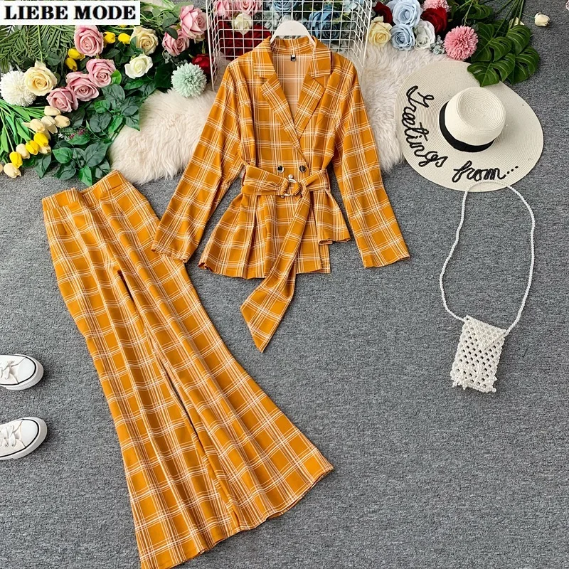 Spring Summer Business Casual Trouser Suits Women Flare Pant Irregular Blazer Set Formal Elegant Plaid Two Pieces Outfit | Женская