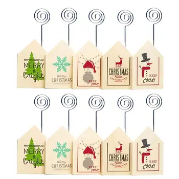 

10PCS Christmas Houselet Design Photo Holder Printed Wooden Card Paper Holders Clips for Home New Year Xmas Party Table Decor