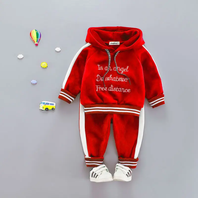 red Комплект зимней одежды для маленьких детей, Плотная хлопковая одежда для новорожденных мальчиков и девочек, От 1 до 4 лет балахоны с вышивкой и штаны, спортивный костюм из 2 предметов - Цвет: red