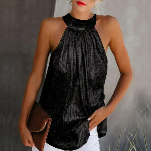 Women's Ladies Summer Top Sleeveless Top Solid Sleeveless Turtleneck Tie Collar TunicT-Shirt - Color: Black