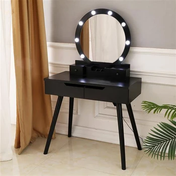 

FCH Dressing Table with Single Round Mirror with Bulb & 4 Drawers Black