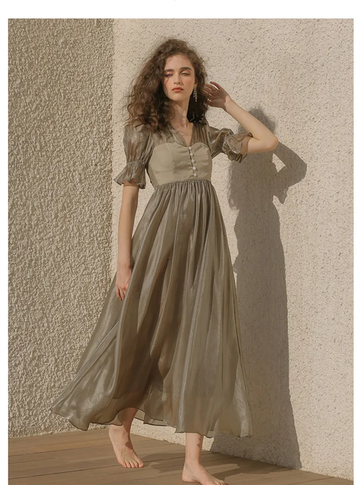 Originele Ontwerp Aigyptos Zomer Vrouwen Vintage Elegante Slanke Jurken Retro V-hals Hoge Taille Strand Casual Vakantie Lange Jurken