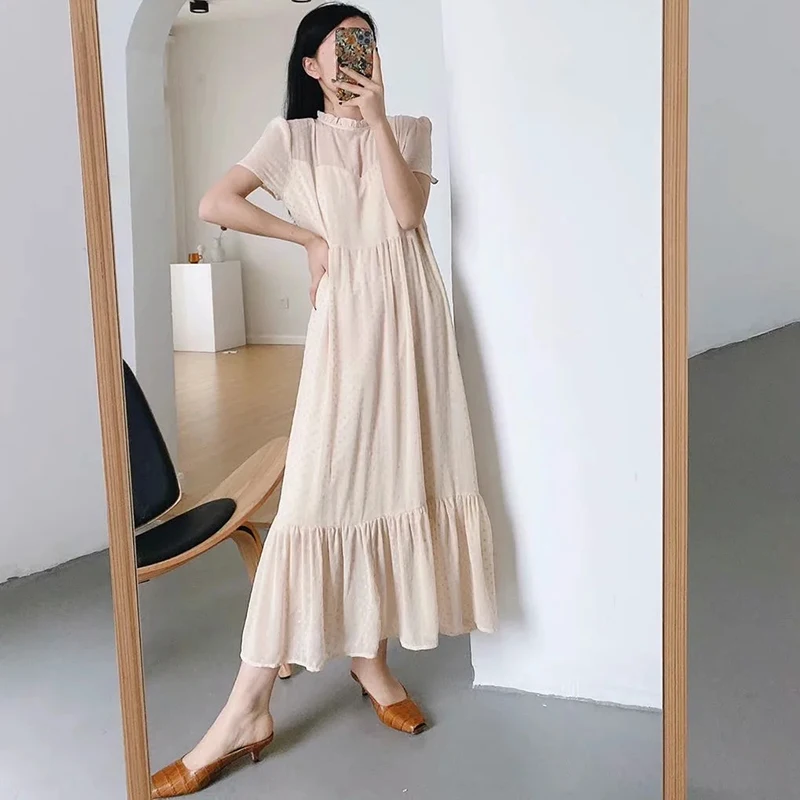 

Back Hollow Out Lace Dot Dress Women Summer Vestidos Mujer Elegant Solid Pleated Dress Short Sleeve O Neck Midi Dresses