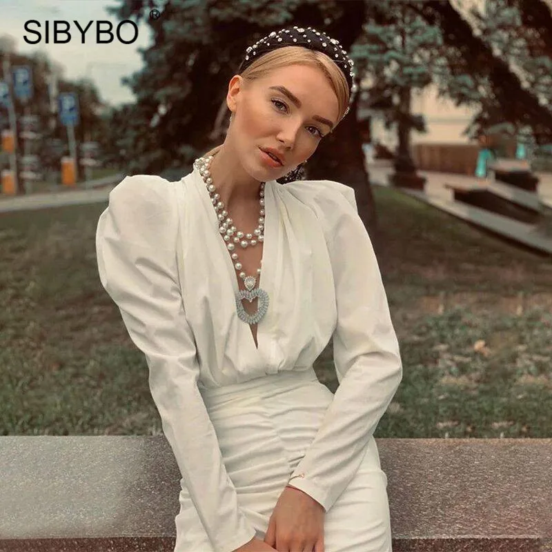 Женское облегающее мини платье SIBYBO с V образным вырезом и рюшами длинным рукавом