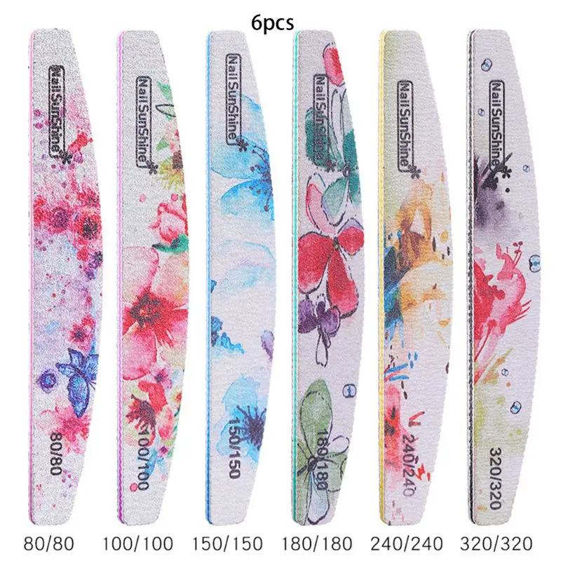 

6Pcs/Set Moon Shape Nail File Sanding Buffer Flower Pattern Nail Art Rubbing Strip Double-Sided Salon Manicure Polishing Tools