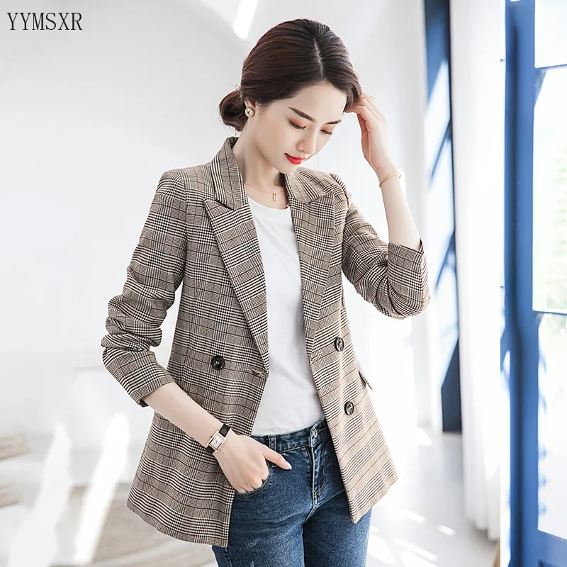 Cheap Professional blazer Women's Slim High-Quality Double-Breasted Jacket Feminine Female Checked small suit 2020 new