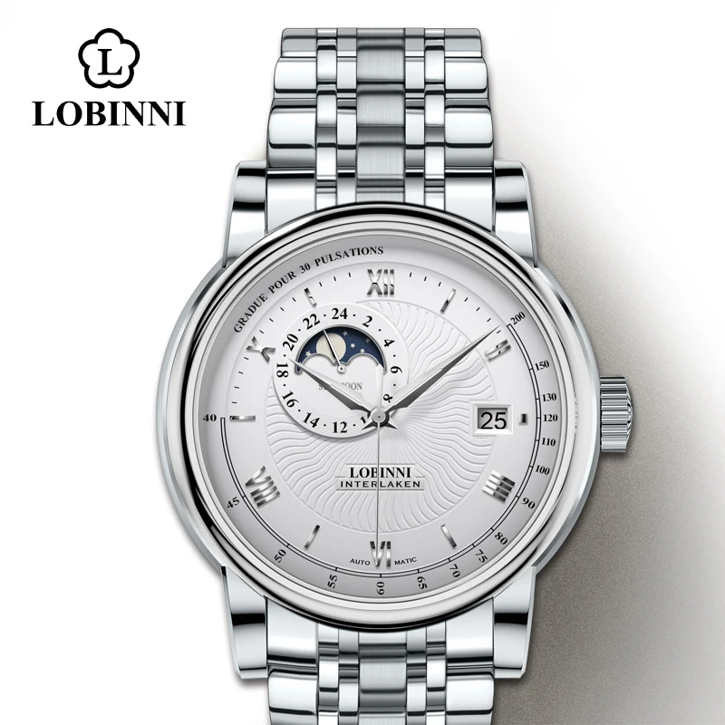 sliver-white-steel LOBINNI часы мужские японские импортные автоматические механические MOVT Мужские часы сапфировые фазовые водонепроницаемые часы 5010 м - Color: sliver-white-steel