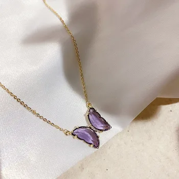

SRCOI Transparent Purple Glass Butterfly Necklace Fashion Minimalism Temperament Insect Single Gold Color Necklace Female