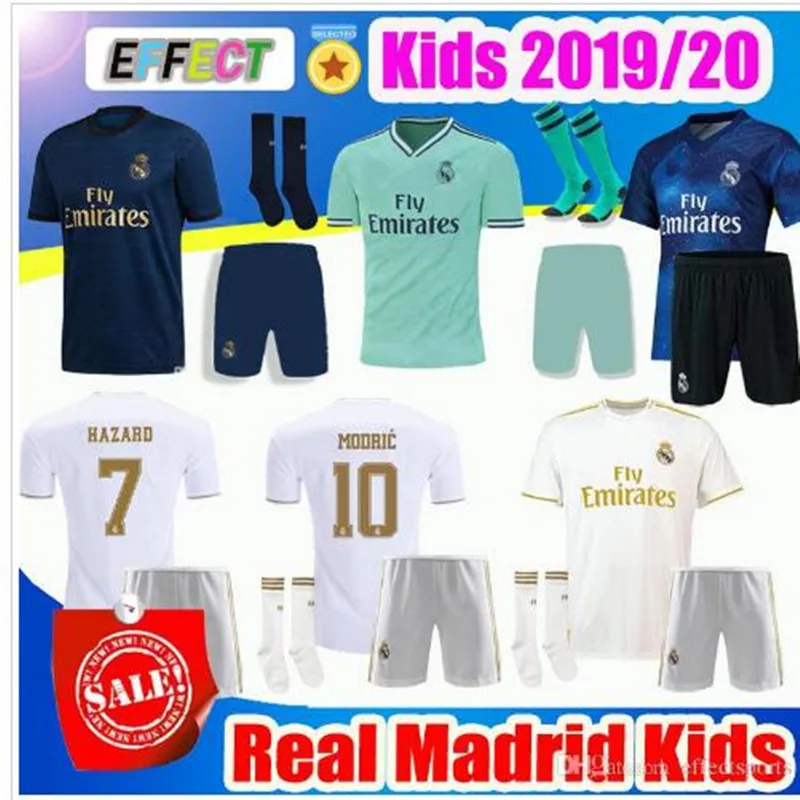 Real Madrides/детская трикотажная одежда,, Real Madrides, Детский комплект+ носки, Футбольная Футболка, домашняя одежда, 3RD Hazard 19 20, Детская футбольная рубашка