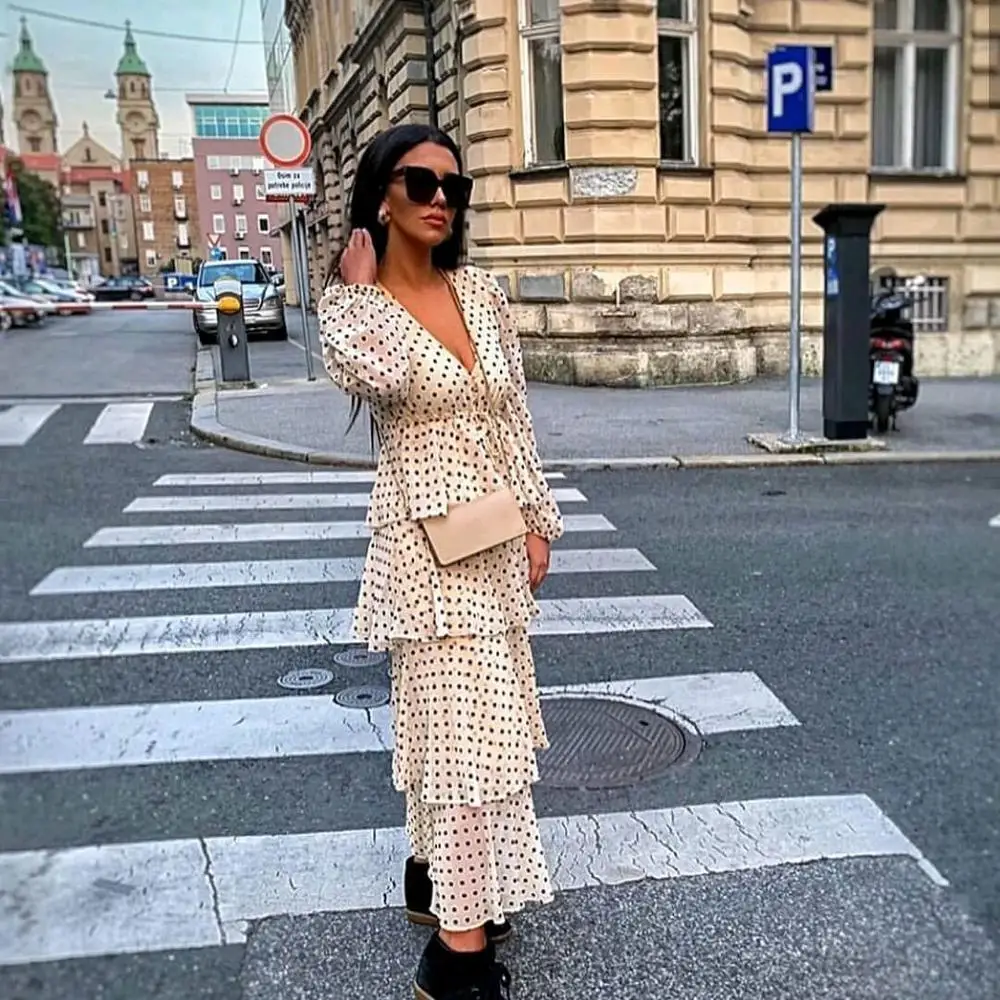 Ceny Stylowe słodkie Dot drukuj przycisk sznurowane kaskadowe Ruffles sukienka dla dziewczynek za moda śliczne kobiety sukienka z dekoltem w serek na co dzień Vestidos
