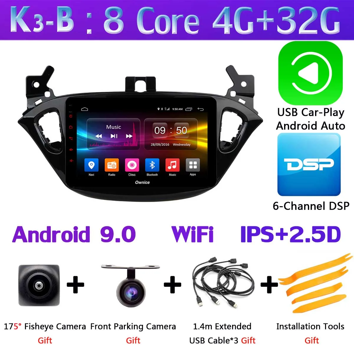 K3-B-CarPlay 1Din 360 ° 4 × камера 4G LTE Android 9,0 4G+ 64G gps радио CarPlay SPDIF DSP Автомобильный мультимедийный плеер для Opel Vauxhal Corsa E - Цвет: K3-B-CarPlay