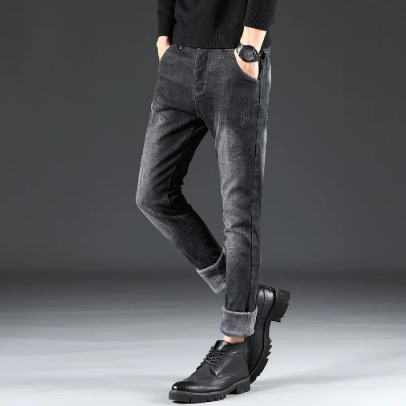 

Plus Velvet Autumn Slim Fit Elasticity Jeans Men's, Black Popular Brand Skinny Loose-Fit Spring And Autumn Winter Style plus Vel
