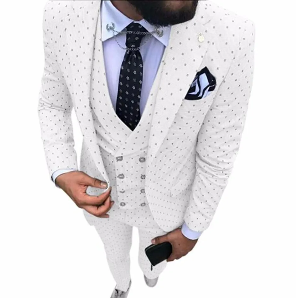 White Men's Poika dot Suit 3-Pieces latest coat pant designs Notch Lapel Tuxedos Groomsmen For Wedding/party(Blazer+vest+Pants)