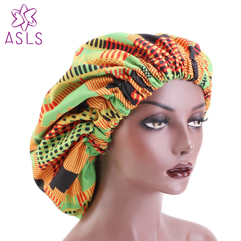 Экстра большой атлас выстроились Bonnets двойной слой женщин Африканский узор печати ткань bonnets Ночная шапочка для сна аксессуары для волос