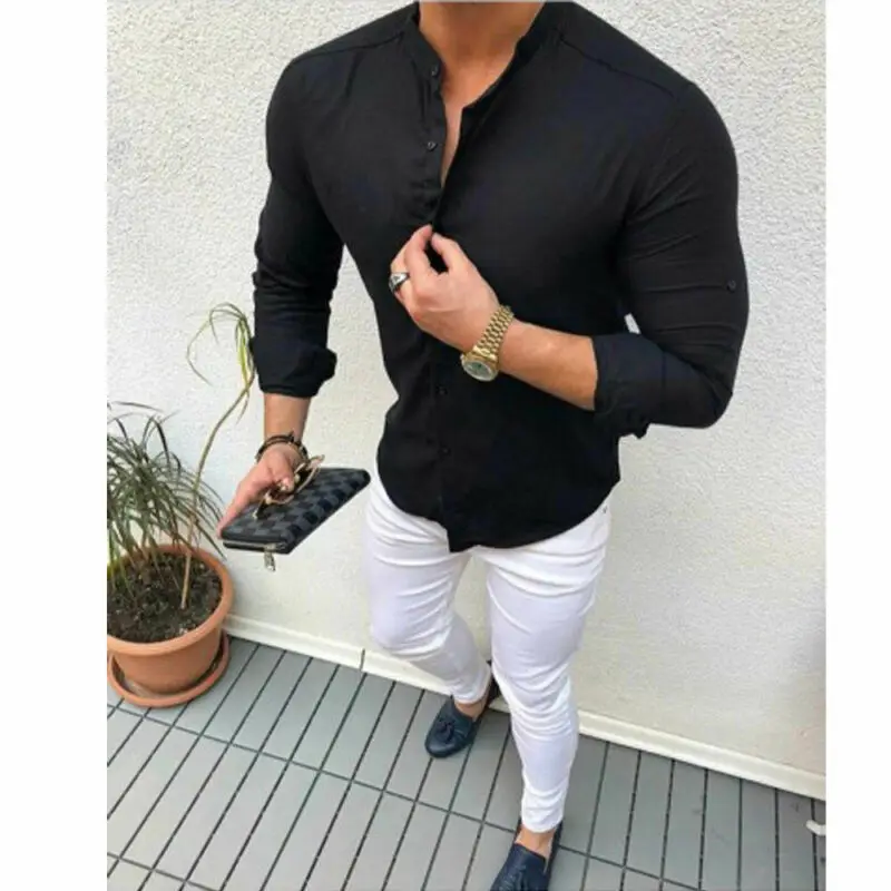 New Fashion Mens Summer Long Sleeve Shirt Button Up Business Work Smart Formal Dress Shirts Tops Black White Blue Pink | Мужская одежда