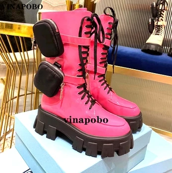 

New Rose red Knight Boots Round Toe Thick Sole Platform Motorcycle Boots Mid-calf Pocket Designer Long Boots Punk Women boots