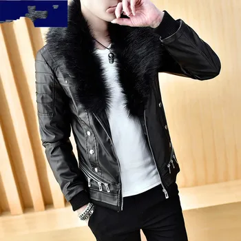 

Fashion Mens Faux Leather Jacket Faux Fur Collar Slim Fit Coats Motorcycle Thick Warm Plush Liner Outwear T190