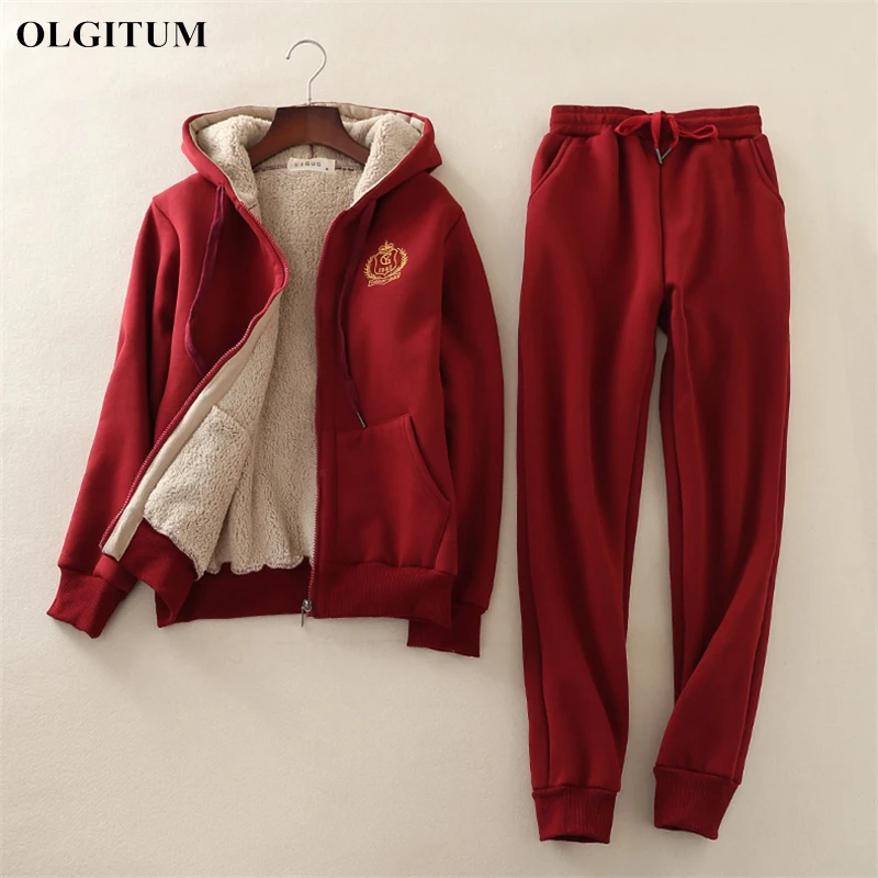 

Two Piece Set Women Casual Set 2019 Winter Thick Velvet Jacket Coats Women Suit Warm Lambskin Trousers Sport Tops And Pants