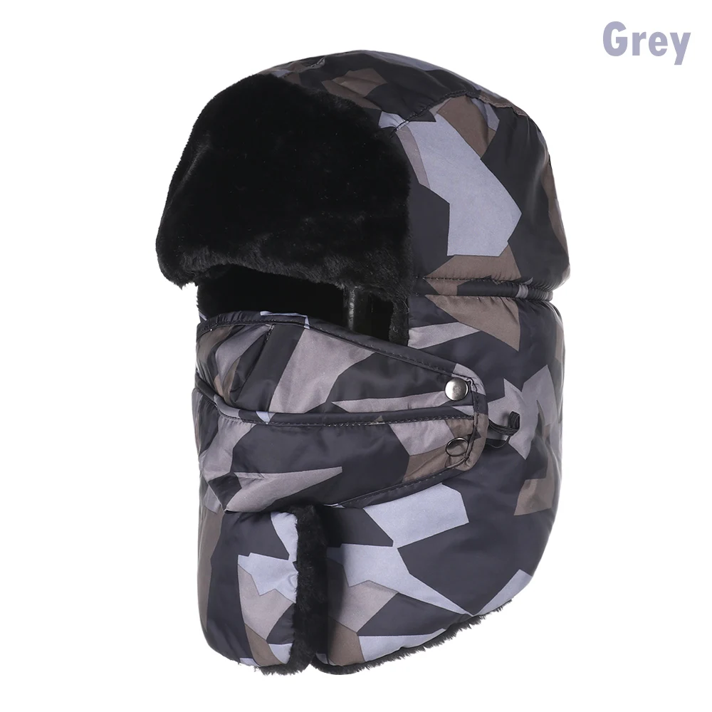 grey Зимняя шапка-бомбер, головные уборы для мужчин и женщин, утолщенные хлопковые бархатные зимние теплые шапки с ушками, ветрозащитные лыжные камуфляжные шапки-бомберы - Цвет: grey
