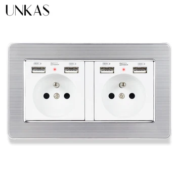 

UNKAS 2 Gang French Standard Wall Socket Stainless Steel Panel With 4 USB Charge Port Hidden Soft LED Indicator