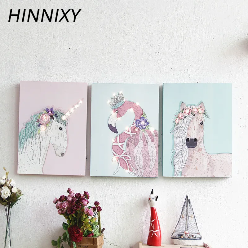 

Hinnixy Hanging Picture Night Lights Girl Style Flamingo Unicorn Horse Wood Print Wall Lamp Home Living Room Decor Light Fixture