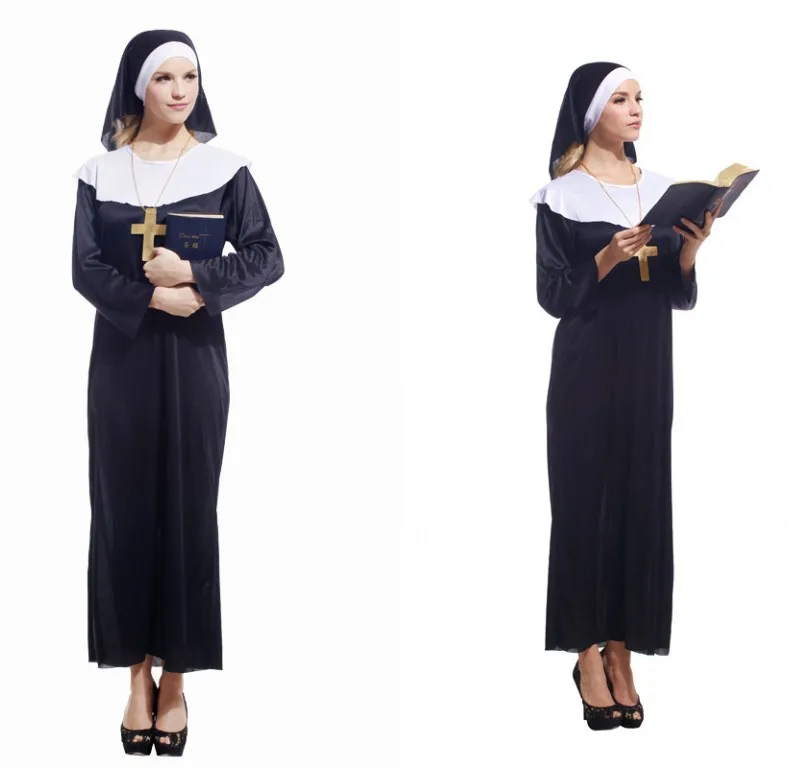 

Christmas Priest Costumes for Adult Woman Halloween Cosplay Masquerade Performance Costume Girl Dress With Cross Necklace