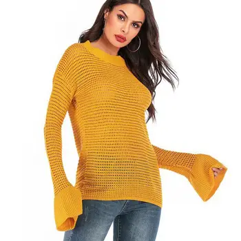

New Fashion Females Hollowing Out Splicing Flare Sleeve Knitting Tops 2019 Autumn Trend Womens Casual Loose Knitting Sweaters