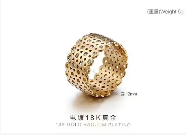 Stainless Steel Gold Color Rings For Women 12mm Width Rhinestones Grid Charm Finger Rings Wedding Band Jewelry
