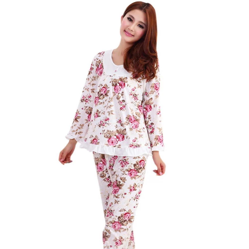 Женская пижама с длинным рукавом, женская пижама, Женский пижамный комплект с цветочным принтом, домашняя одежда, ночная рубашка, Азия M-3XL