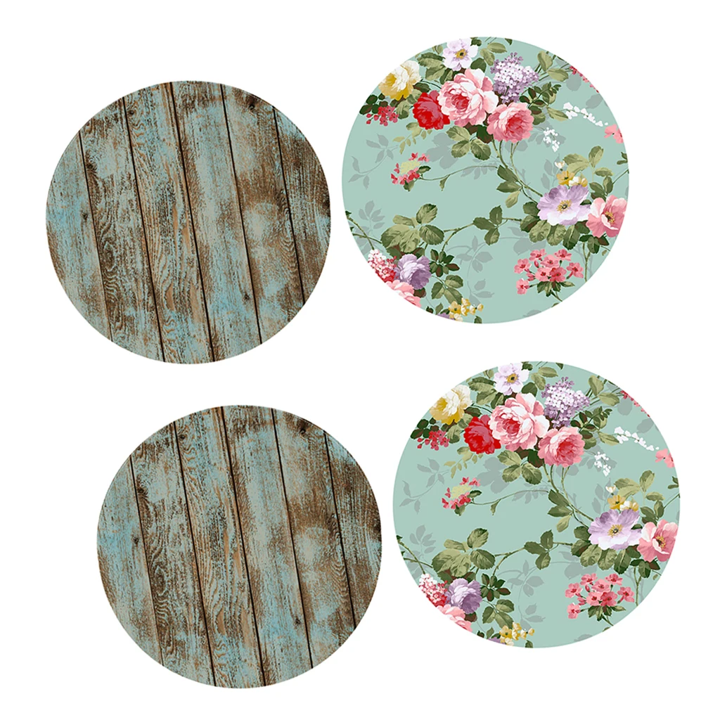 2Pcs Table Cover Round Tablecloth Floral&Shabby Wood Pattern Reusable Polyester Home Kitchen Decoration
