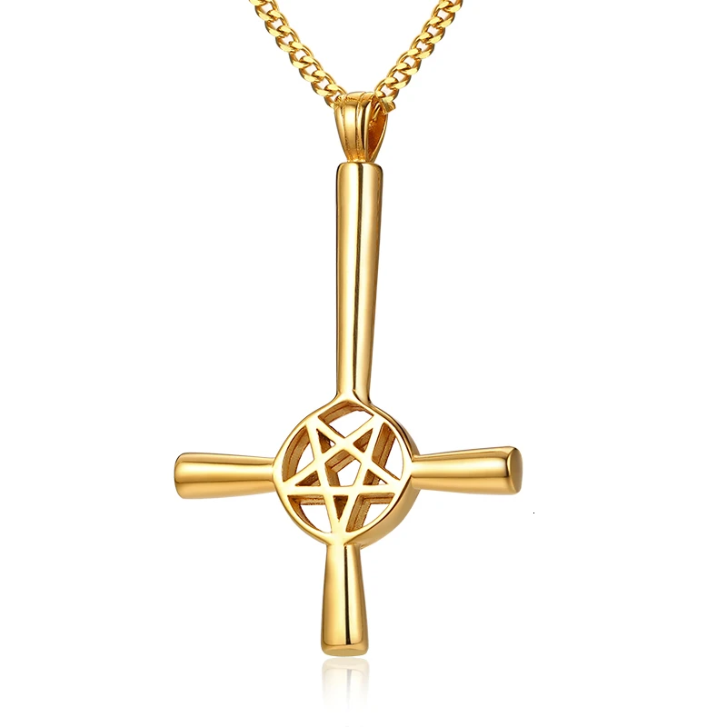 Перевёрнутый крест пентаграмма 5 остроконечная нержавеющая сталь кулон ожерелье сатанинские мужские ювелирные изделия - Окраска металла: gold