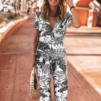 

Summer rompers womens jumpsuit fashion trend street style printed v-neck loose-sleeved high-waisted high-ankle slim jumpsuit