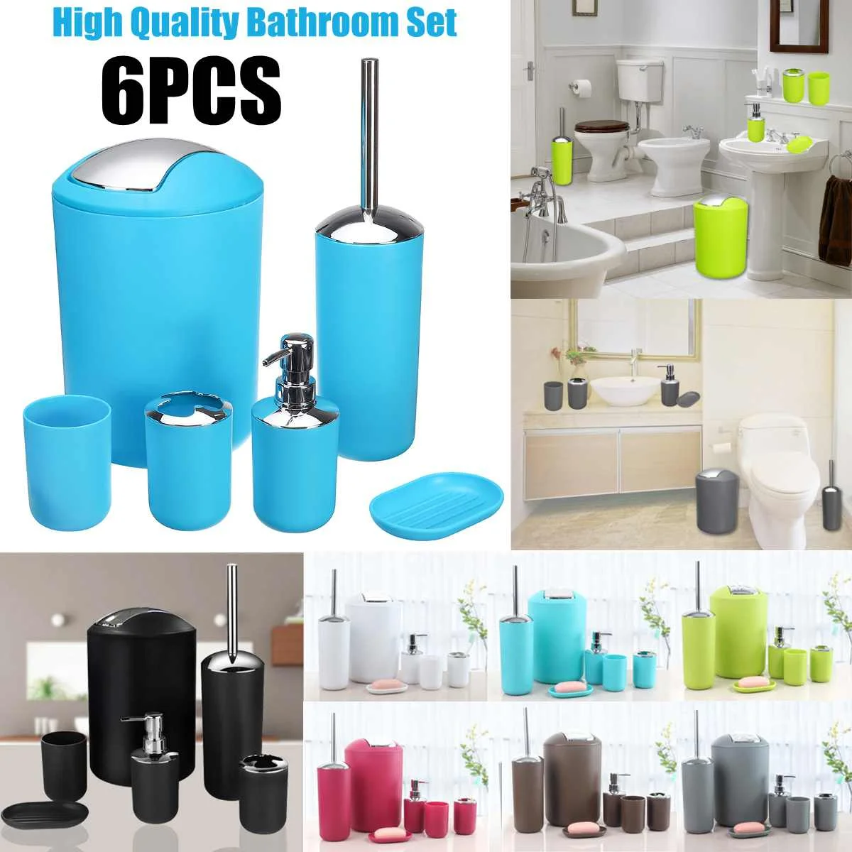 7pcs/set Bathroom Accessory Set Lotion Dispenser Toothbrush Holder Tumbler Cup Soap Dish Toilet Brush Trash Can